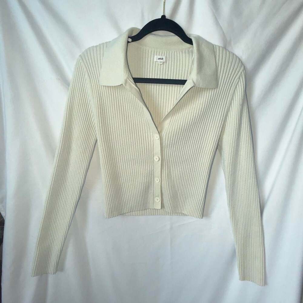 Aerie Cream Ribbed Knit Collared Button Up Cardigan